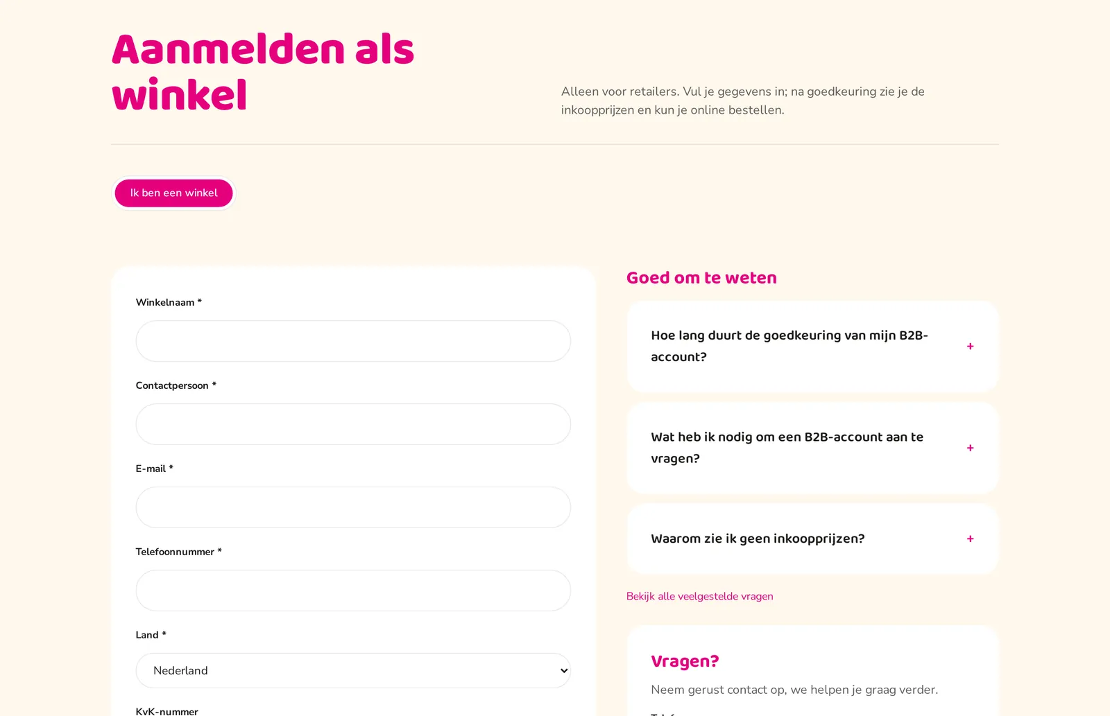 Aanmeldformulier voor winkels met veelgestelde vragen ernaast