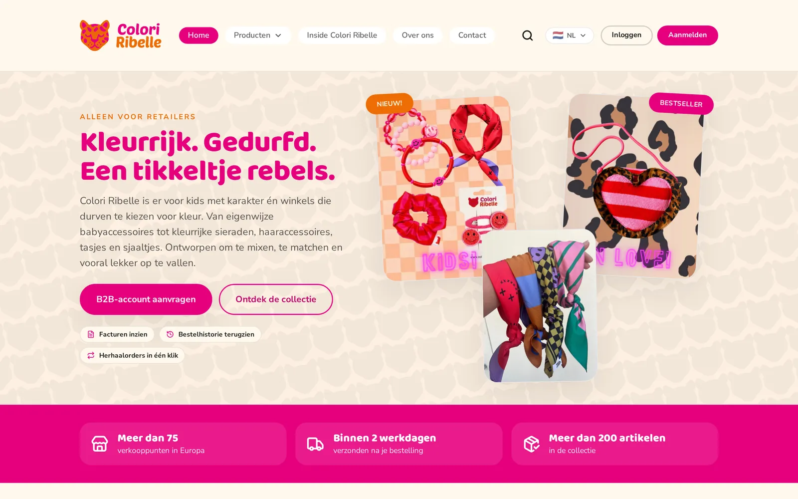 Homepage van Colori Ribelle met de collectie en de knop om een B2B-account aan te vragen