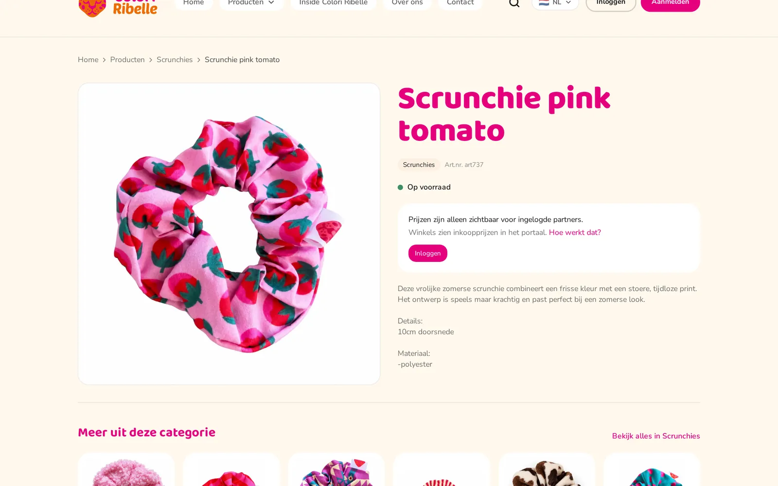 Productpagina van Colori Ribelle met de melding dat prijzen alleen zichtbaar zijn voor ingelogde partners