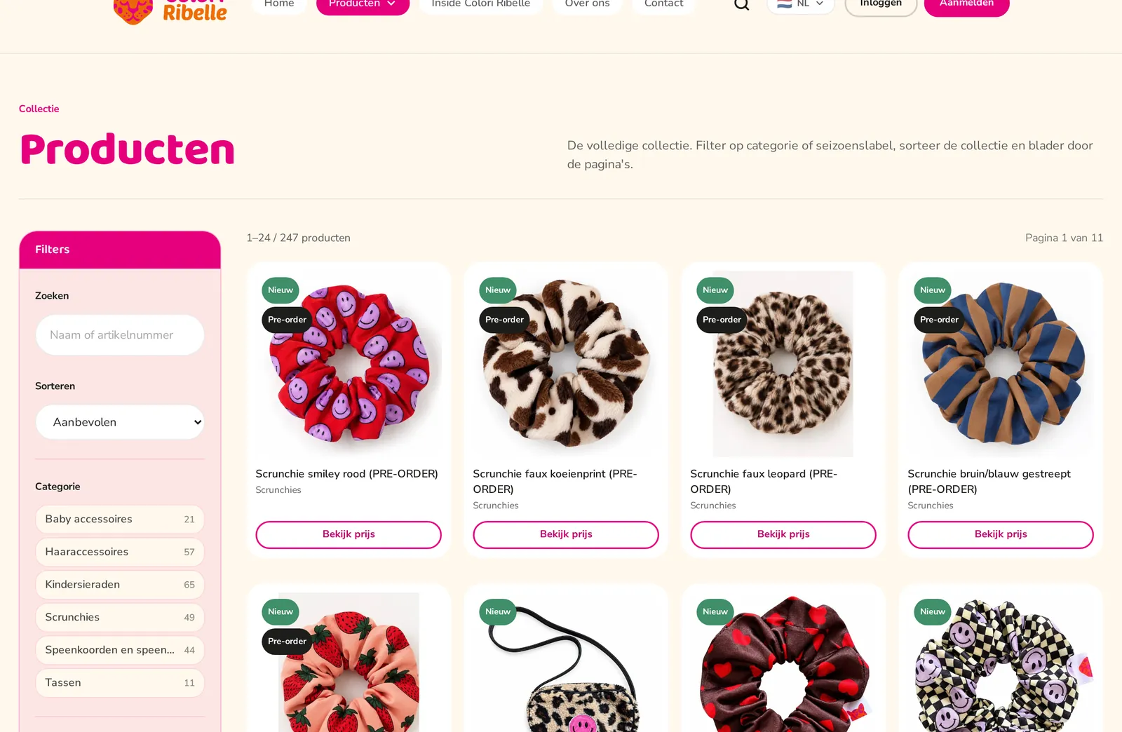 Productoverzicht met filters per categorie en labels voor nieuw en pre-order