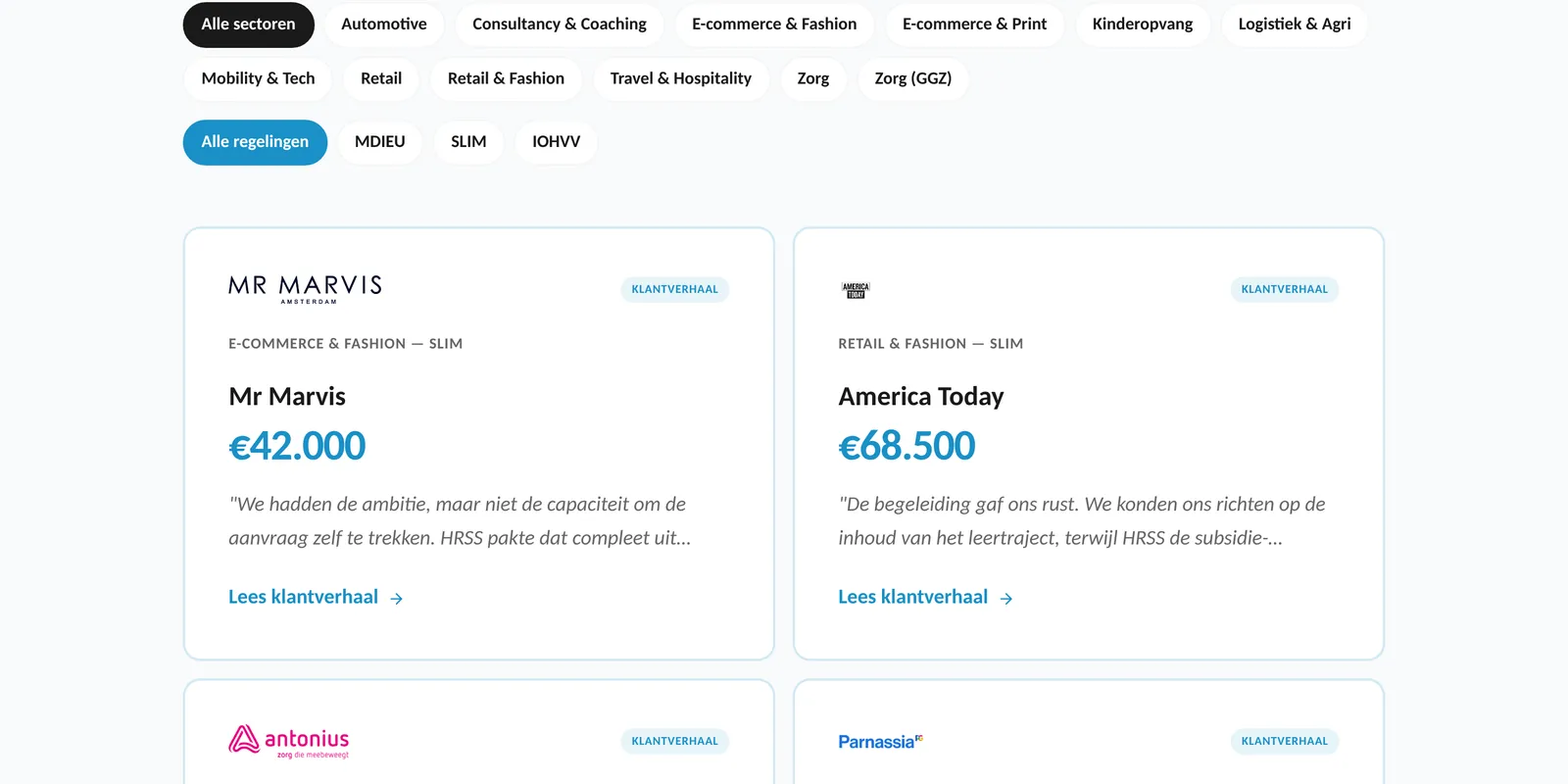 Casesoverzicht van HRsubsidies met filters op sector en regeling