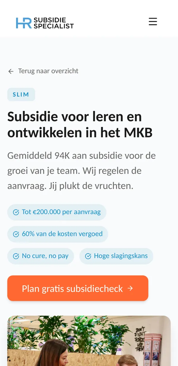 Regelingpagina van HRsubsidies op een telefoon
