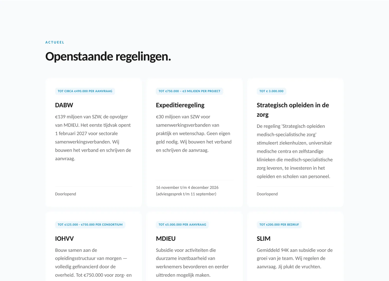 Overzicht van openstaande subsidieregelingen met bedragen en looptijd