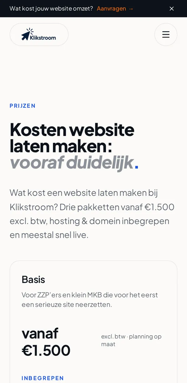 Prijzenpagina van Klikstroom op een telefoon