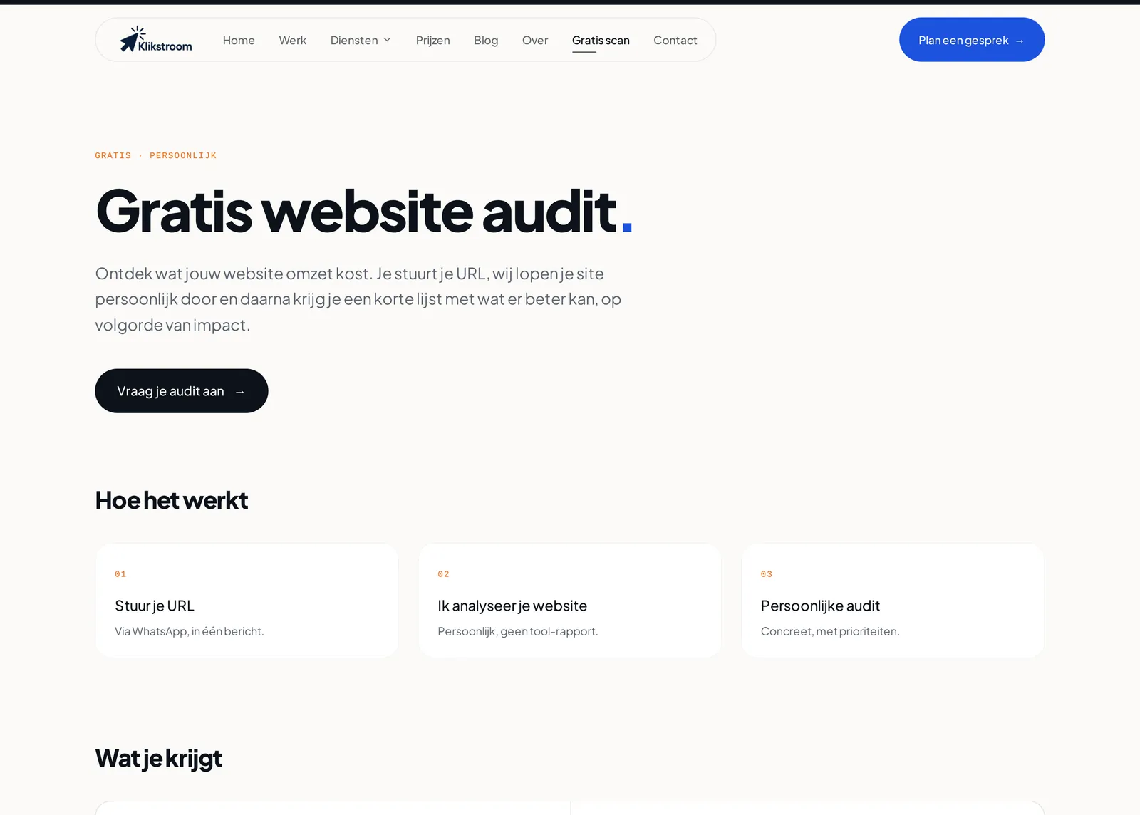 Pagina gratis website audit op klikstroom.nl