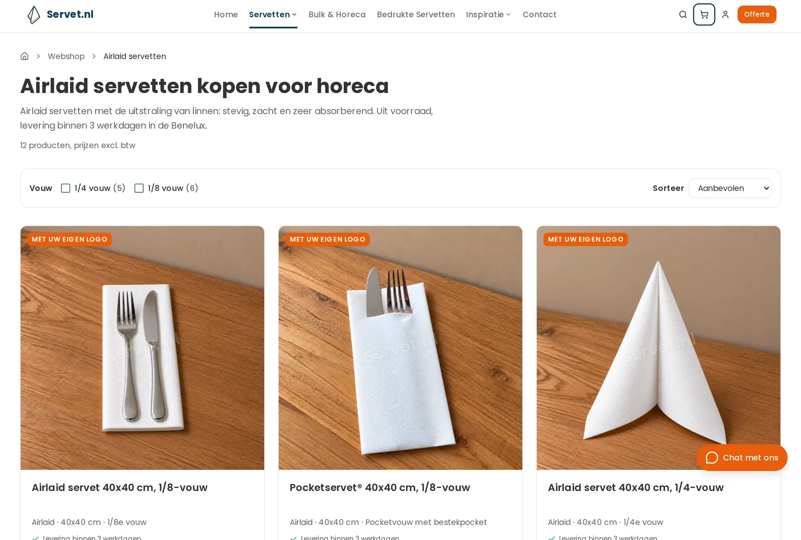 Categoriepagina airlaid servetten met prijzen per stuk en levertijd
