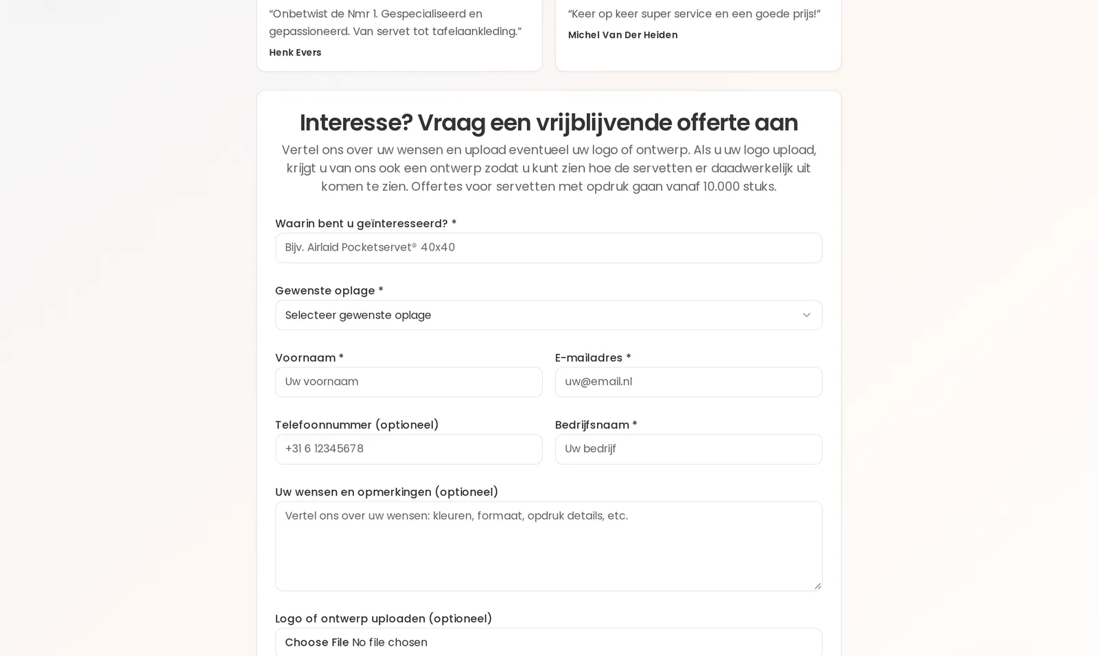 Offerteformulier op de pagina bedrukte servetten