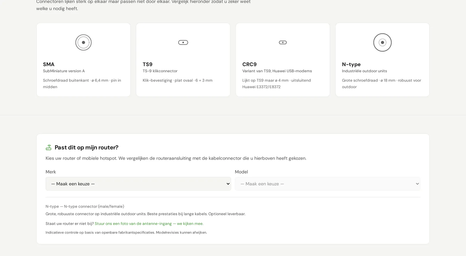 Productpagina met connector-uitleg en de check of de antenne op de router past