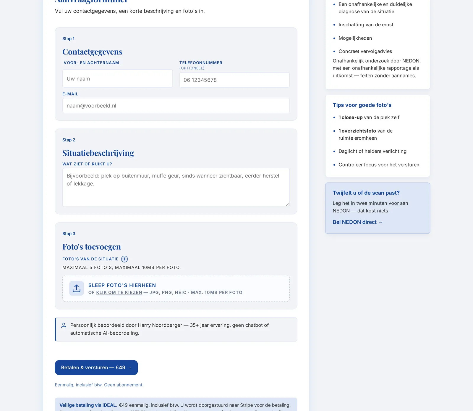 Aanvraagformulier van de online schimmelscan met foto-upload